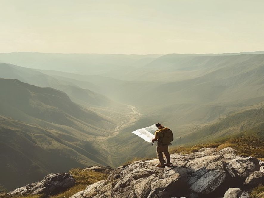 Hiker consulting map on rocky mountain pass with valley view below